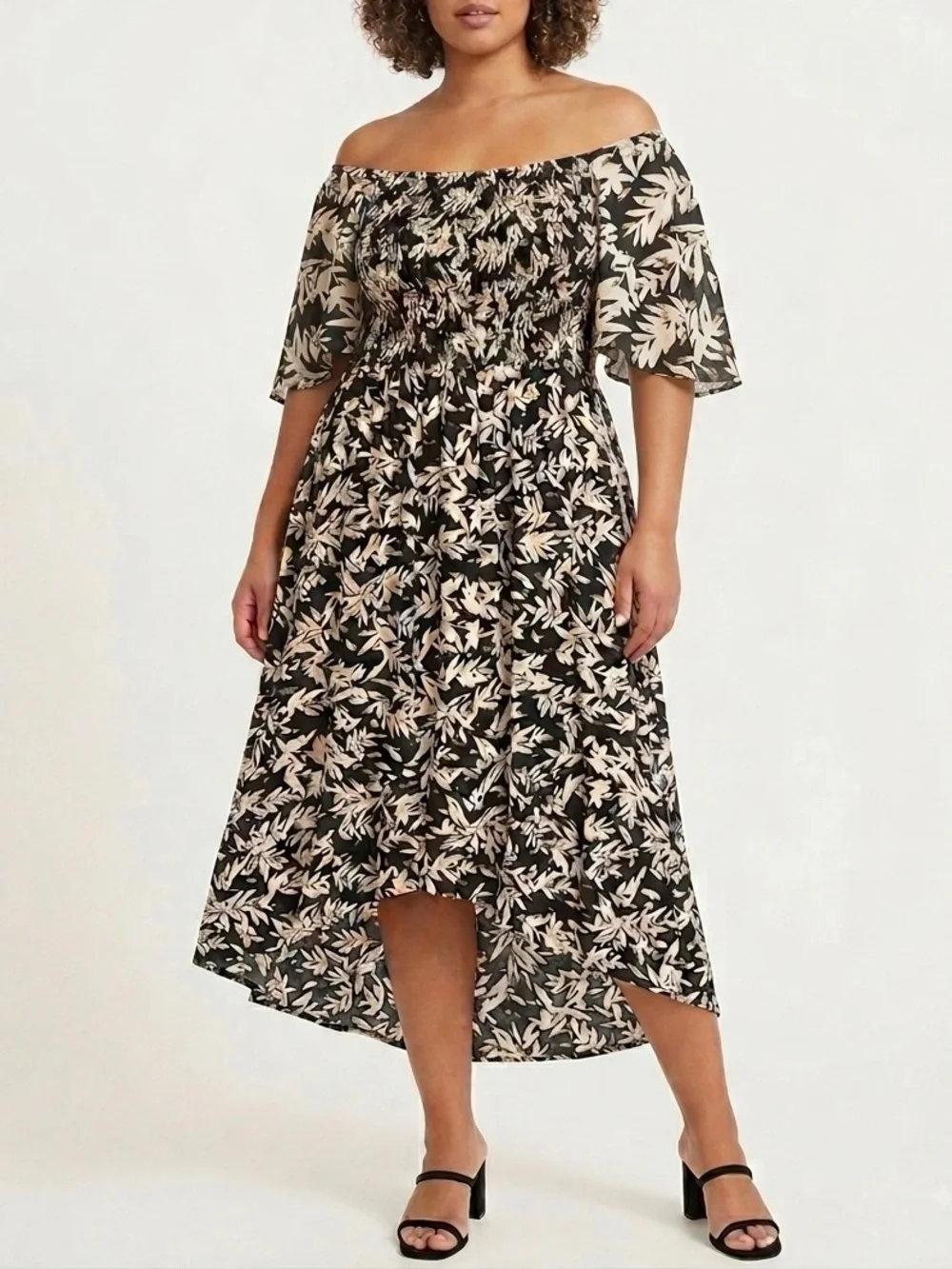 Kindred Smocked Off-Shoulder Black Metallic Gold Floral High Low Midi Dress 2X